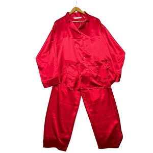 Victorias Secret Womens Pajama Set Large Medium Red Satin Long Sleeve Pants VTG